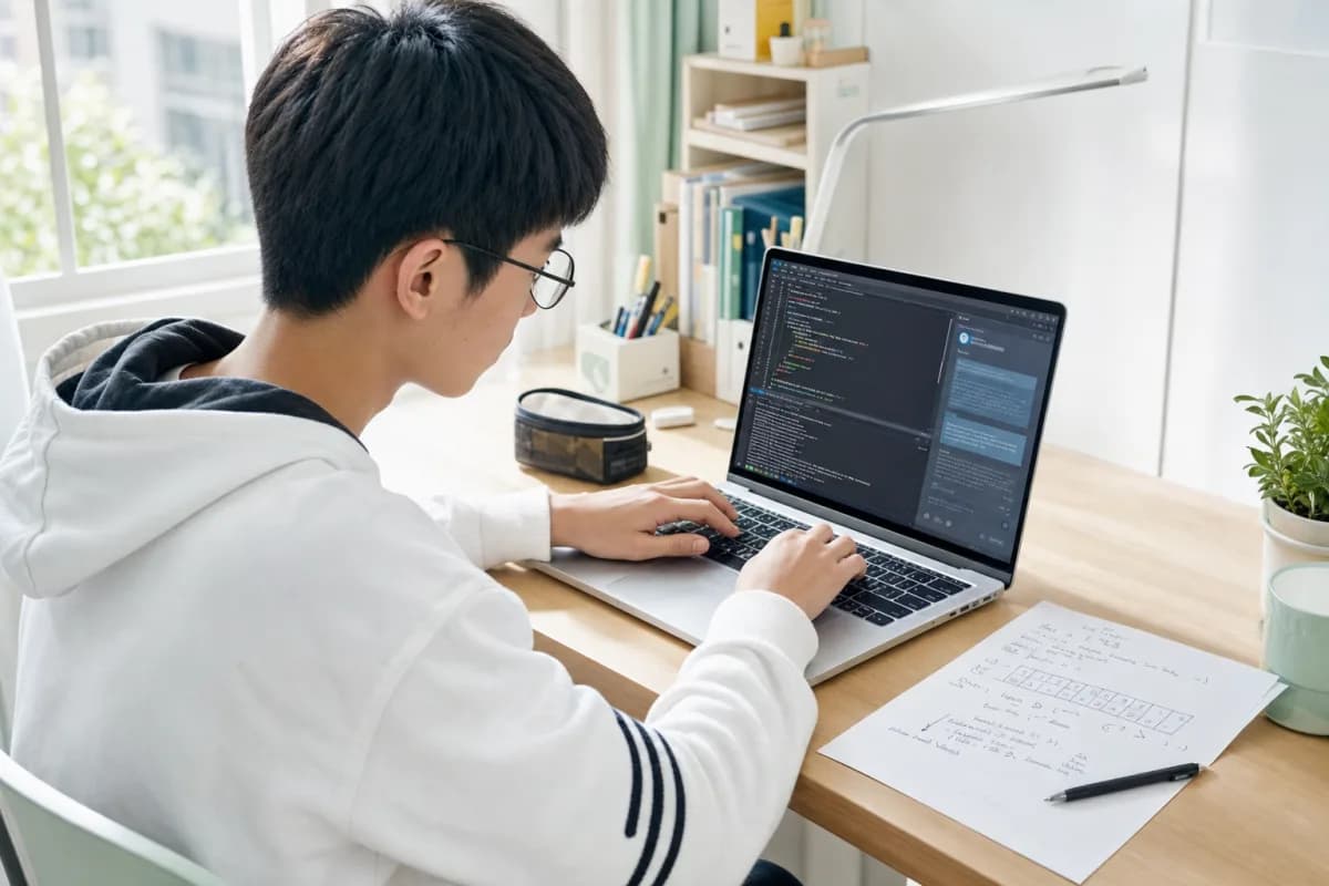 学生在明亮的书房里使用代码编辑器和 AI 学习教练练习信奥题目