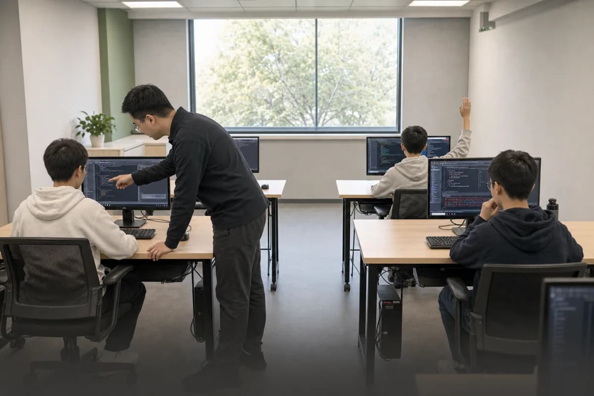 信奥教师在现代机房辅导一名学生，其他需要帮助的学生正在等待