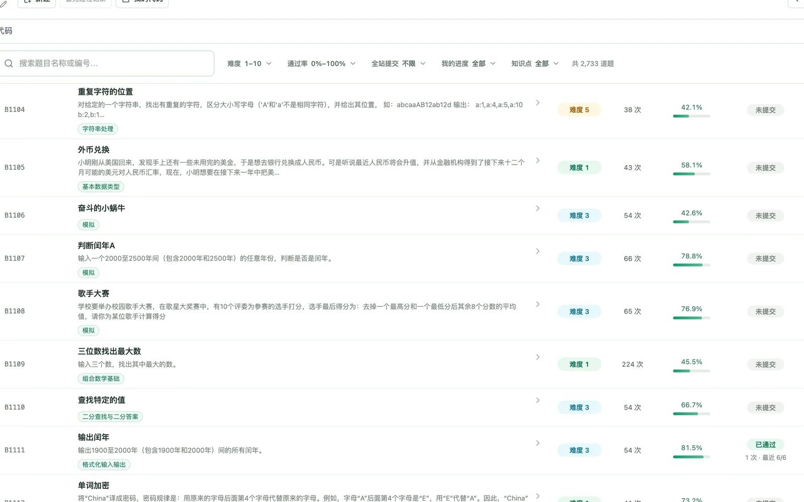 支持搜索、知识点、难度、通过率和个人进度筛选的 OJ 题库
